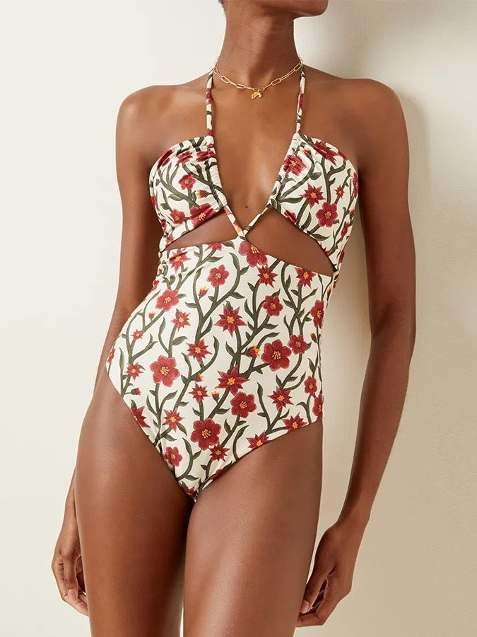Two Piece Swimsuit Conservative Hollow Out Cutout out Tied Halter Sheath Gauze Skirt Swimsuit for Women