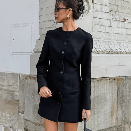 Autumn Niche Design round Neck Long Sleeve Waist Tight Slim Fit A line Dress Elegant Long Blazer for Women