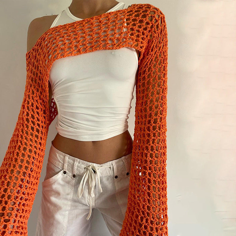 Sexy Hollow Out Cutout Sweater Solid Color round Neck Long Sleeve Knitted Blouse Crochet hook