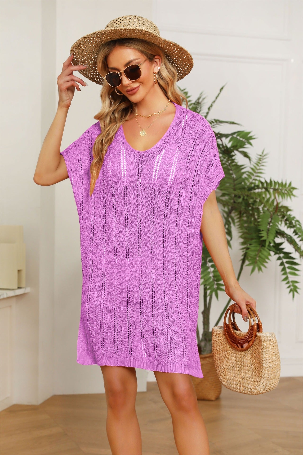 Spring Summer Women Clothing V-neck Solid Color Hollow Out Cutout Beach Dress Loose plus Size Blouse