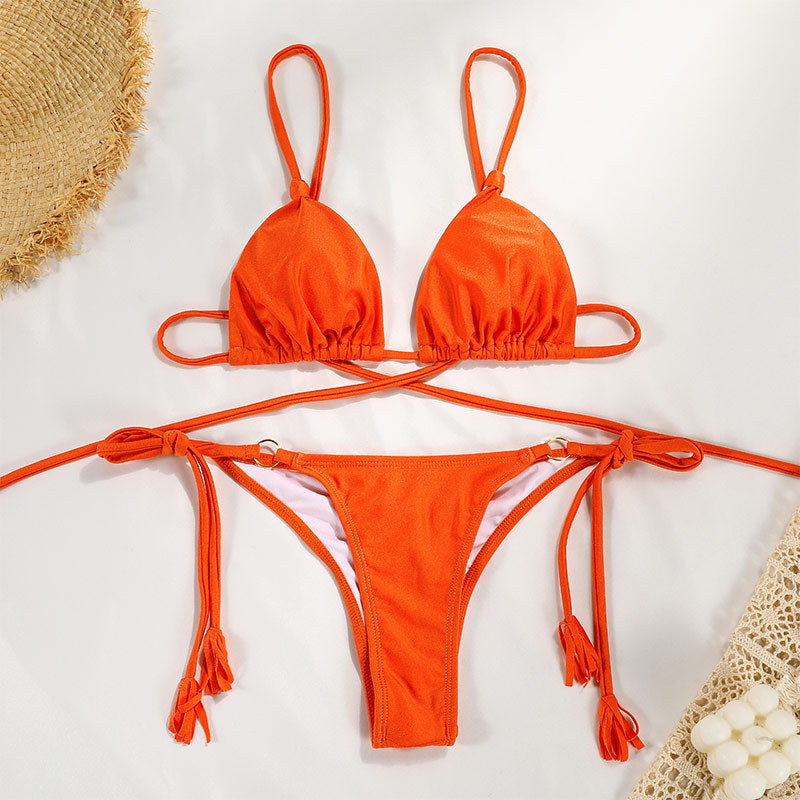 Sexy Split Swimsuit Women Solid Color Nylon Banded Bikini