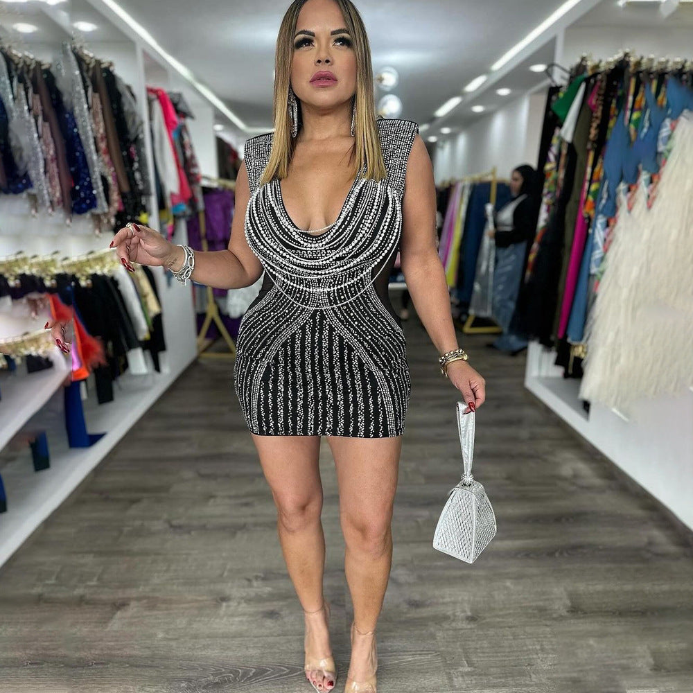 Deep V Plunge neck Sleeveless Sheath Rhinestone Dress Women Sexy Evening Dress Hollow Out Cutout
