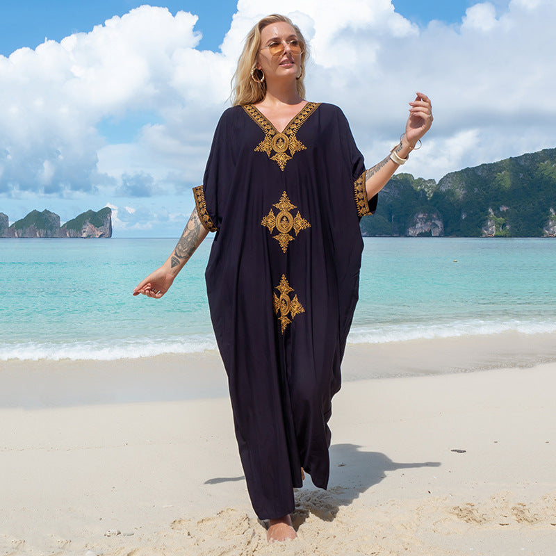 Blue Embroidered Vacation Robe Loose Seaside Beach Dress Sun Protection Clothing Bikini Swimsuit Blouse