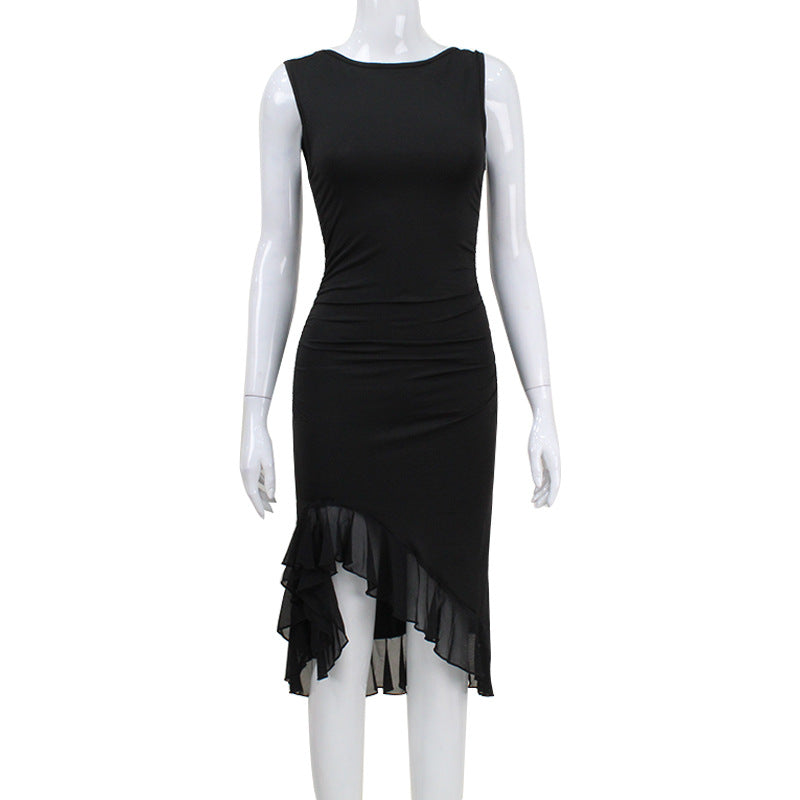 Women Clothing Sexy Sleeveless Vest Dress Backless Gauzy Stitching Irregular Asymmetric Swing Dress Women
