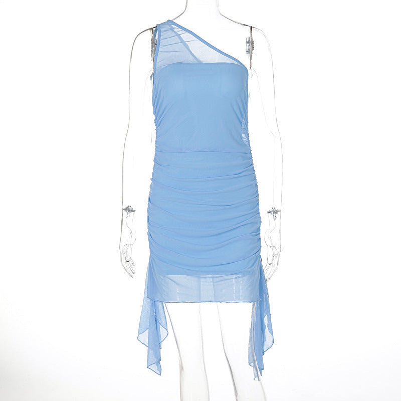 Summer Slant Shoulder Gauzy Package Hip Sexy Slim Sleeveless Dress Women Clothing