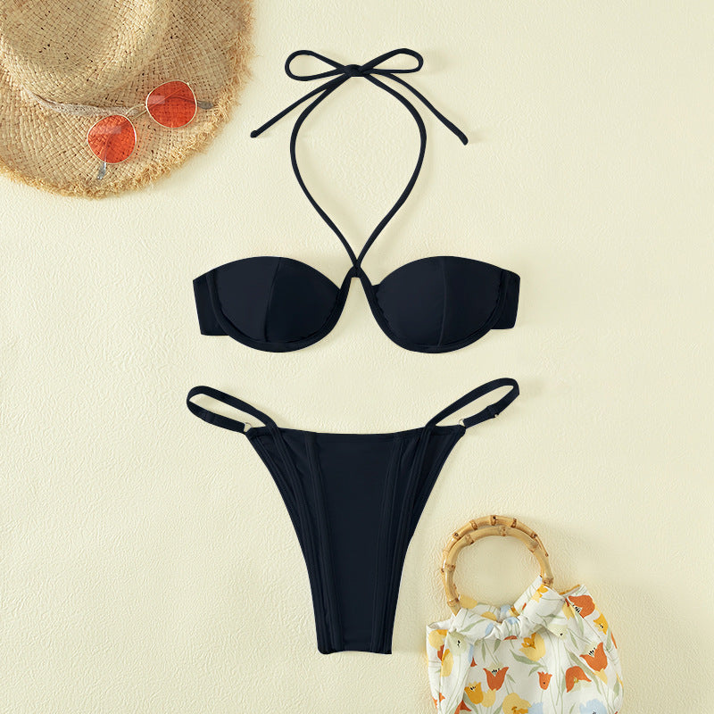 Leopard Print Lace up Swimsuit Steel Bracket Split Suit Sexy Bikini Swimsuit