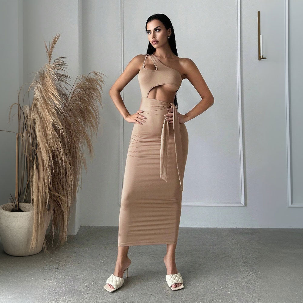 Spring Summer Women Clothing Sexy Socialite Diagonal Collar Dress Unilateral Strapless High Waist Dress