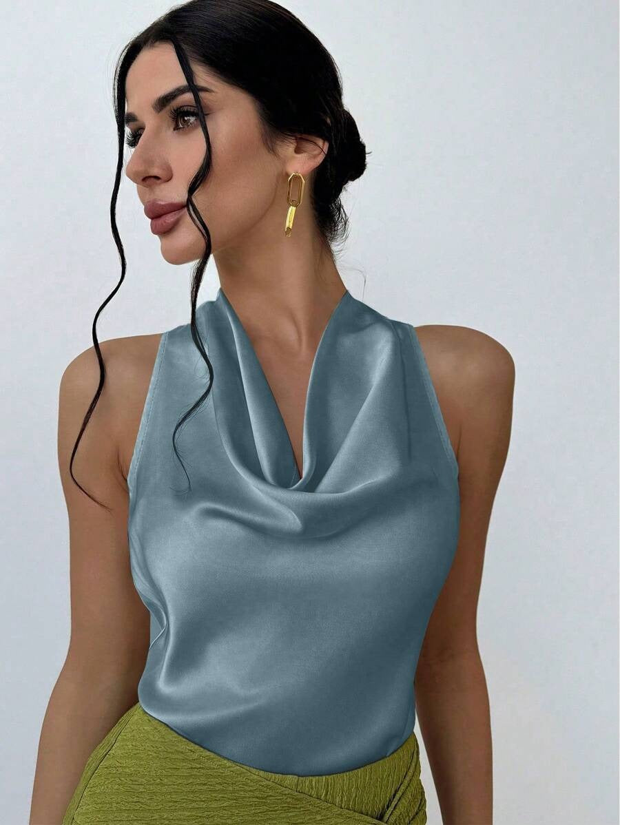 Women Clothing Sexy Sleeveless Satin Shirt Spring Autumn Work Women Shirt