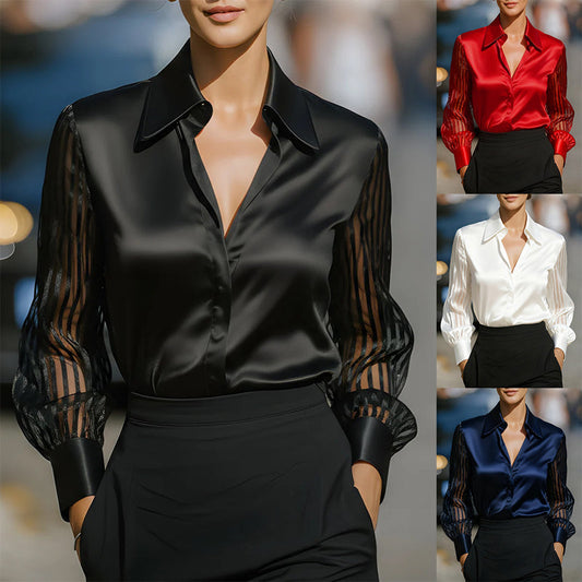 Women’s Satin Lapel Collar Blouse – Sheer Long Sleeve Button-Down Shirt for Office & Spring/Autumn Wear
