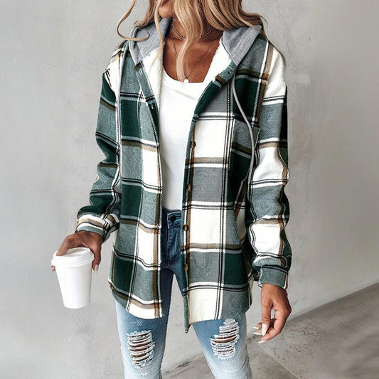 Women's Plaid Hoodie Long Sleeve Jacket With Pocket