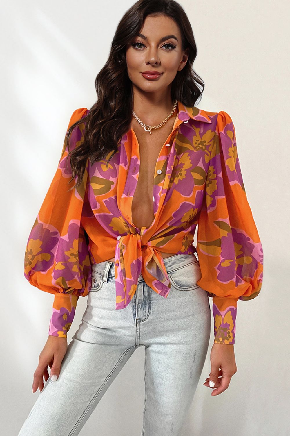 Flower Print Collared Neck Lantern Sleeve Shirt