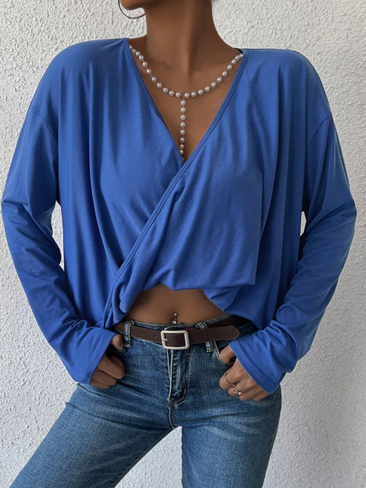 Long Sleeve Twisted Surplice Neck Blouse