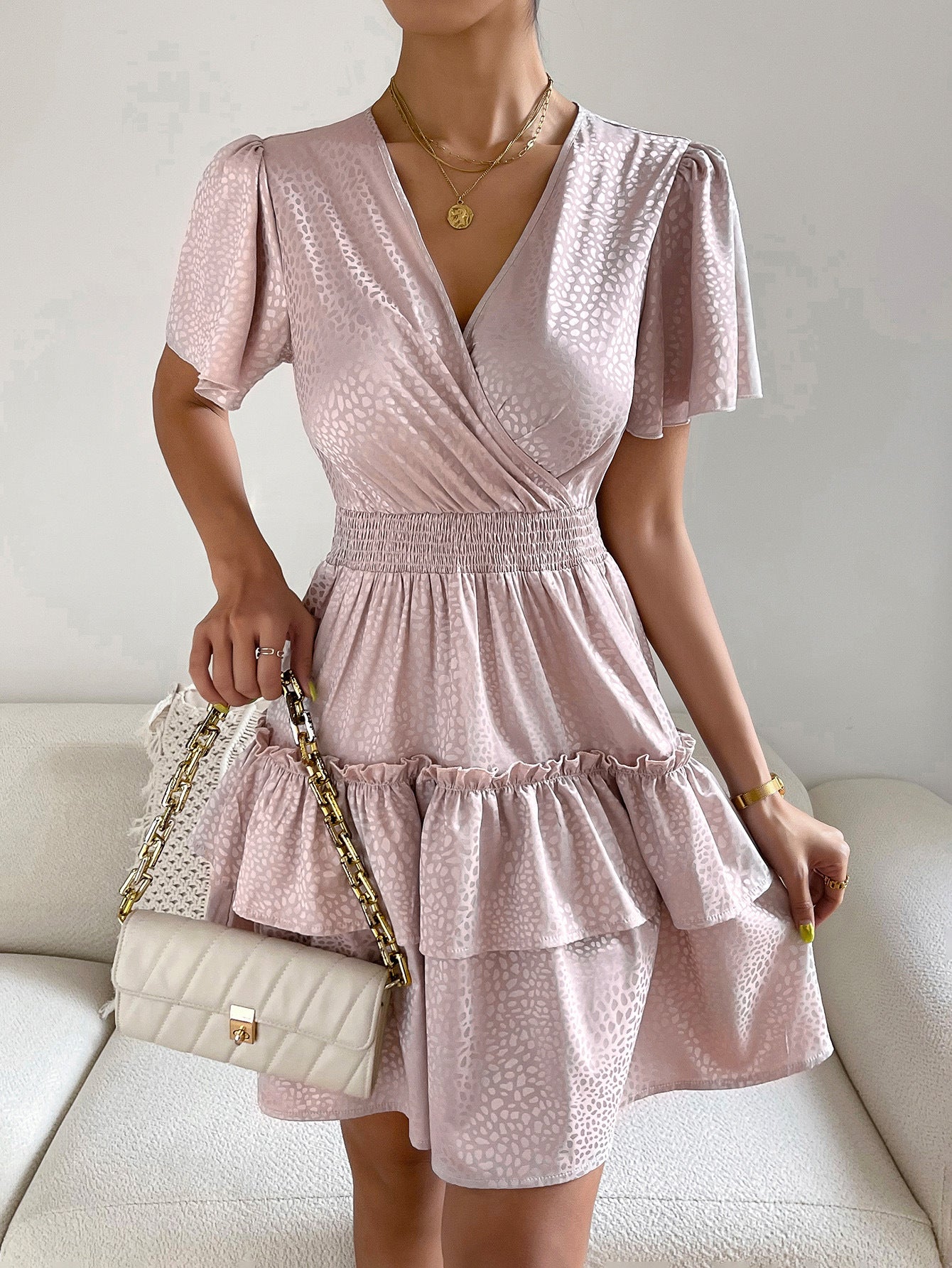 Printed Surplice Neck Puff Sleeve Dress