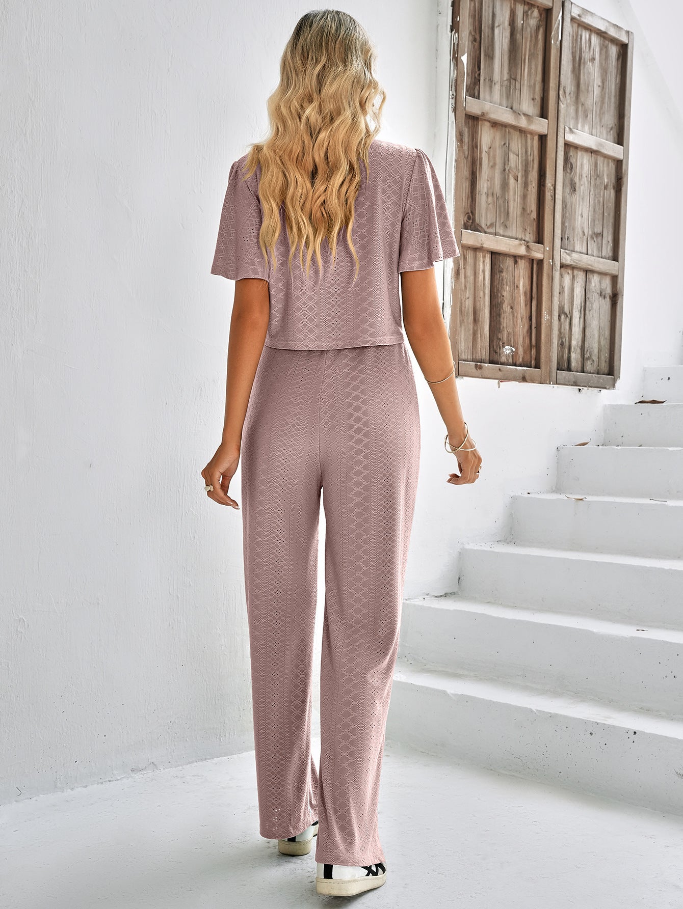 Textured Flutter Sleeve Top and Pants Set