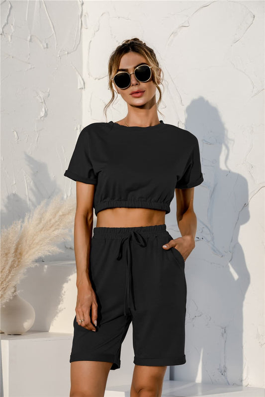 Short Sleeve Cropped Top and Drawstring Shorts Lounge Set